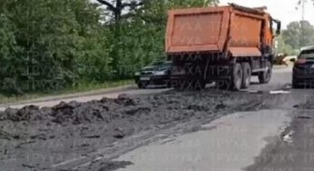 У Дніпрі посеред дороги з вантажівки вилився гній (відео)